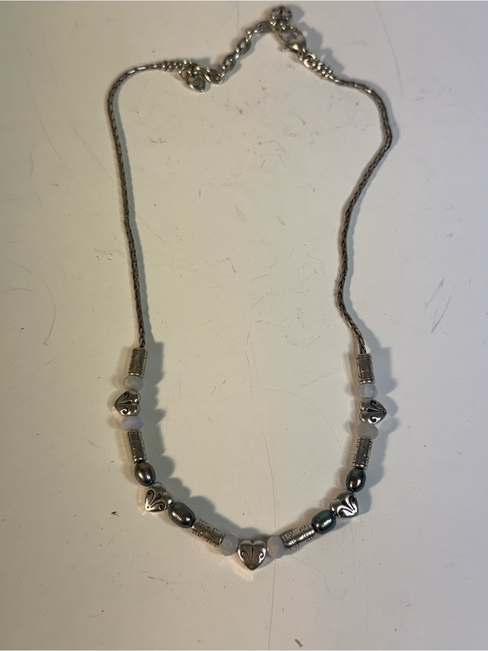 Brighton Silver-Tone Heart Bead Necklace in Gray and White